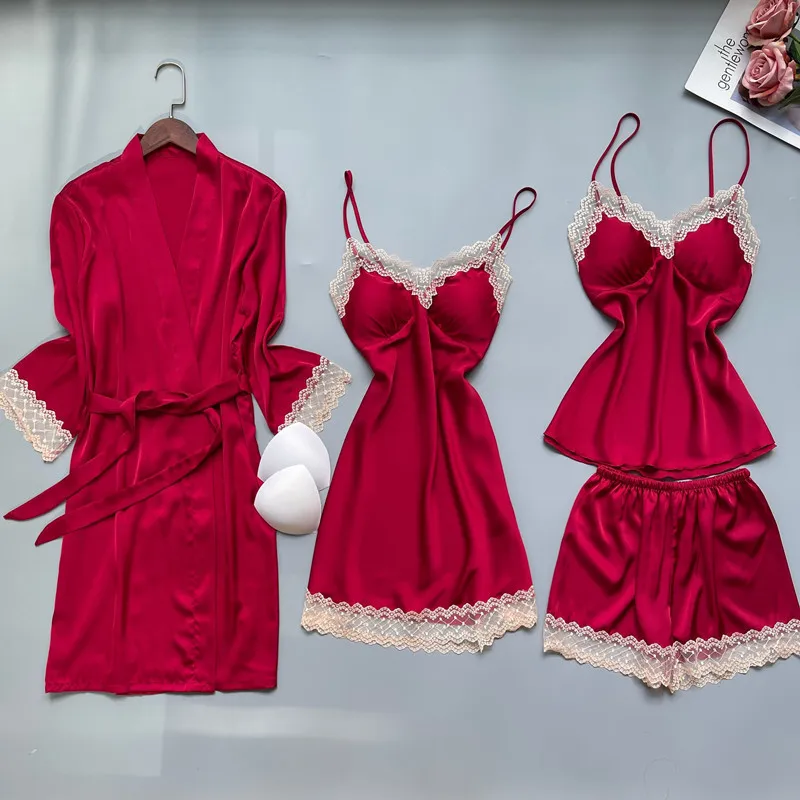 

Burgundy 4pcs Robe Gown Set Women Bathrobe Nightgown Satin Ice Silk Kimono Sleepwear Spring Summer Pyjamas Intimate Lingerie