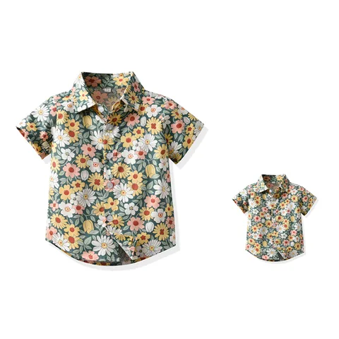 Летняя Детская Праздничная рубашка с коротким рукавом и цветочным рисунком, разноцветная модная гавайская рубашка с лацканами для Отца и Сына, нейтральный аллоновый Топ