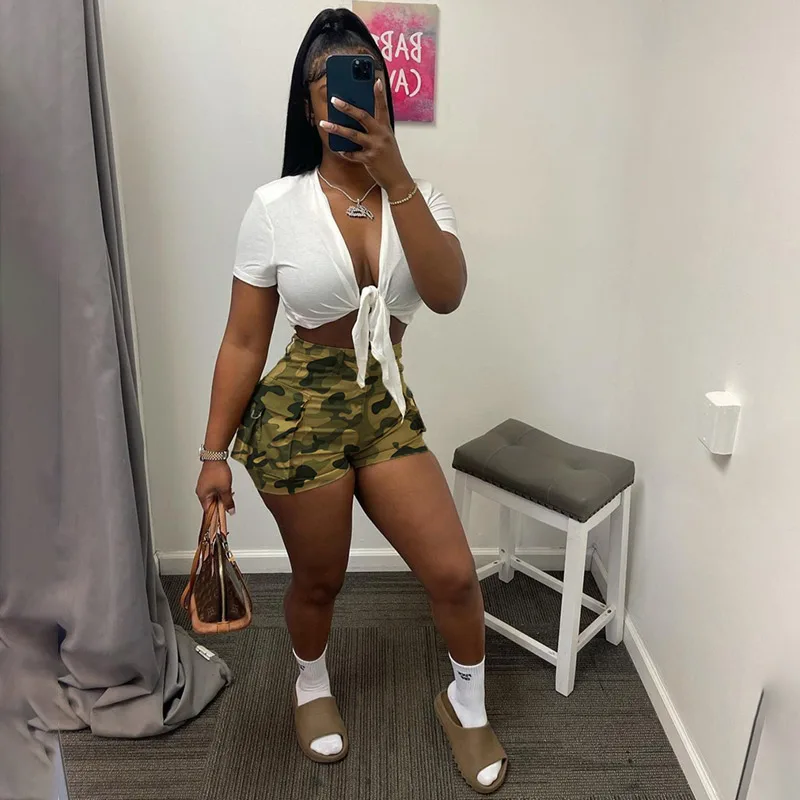 Camouflage Printed High Waist Pockets Shorts Women Casual Sexy Cargo Shorts Short Pants Street Trousers 2023 Women Shorts