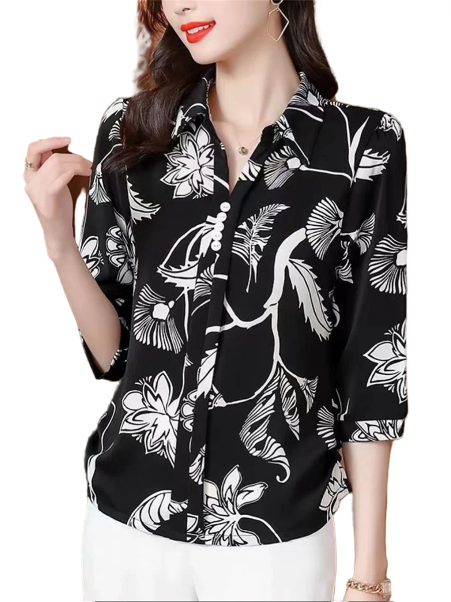 

5XL Women Spring Summer Blouses Shirts Lady Fashion Casual Half Sleeve Turn-down Colla Printing Blusas Tops WY0670