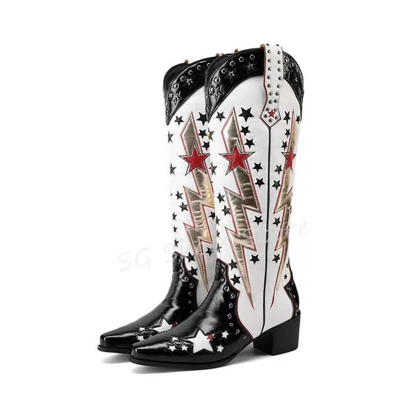 Женские ажурные ботинки со звездными заклепками Разноцветные длинные на