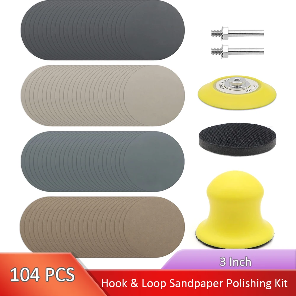 

3Inch Sanding Discs Set Wet Dry Sandpaper Buffing Backer Hand Sanding Block Variety Grits Sand Paper for Auto Metal Wood Jewelry