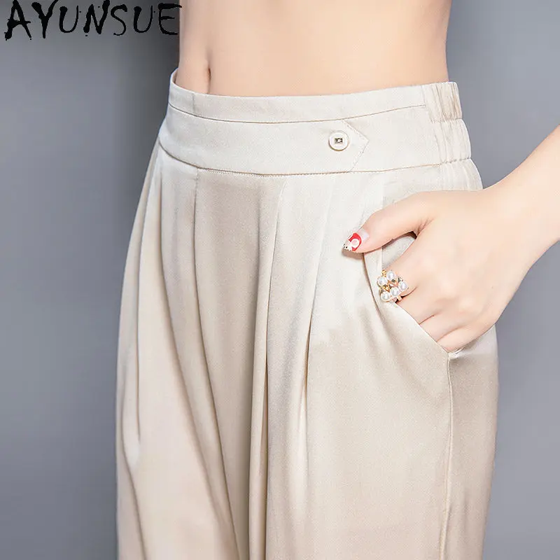 2023 Elegant Women Pants High Waist Summer 95% Mulberry Silk Trousers Thin Ankle-length Pants Slim Woman Clothing брюки женские