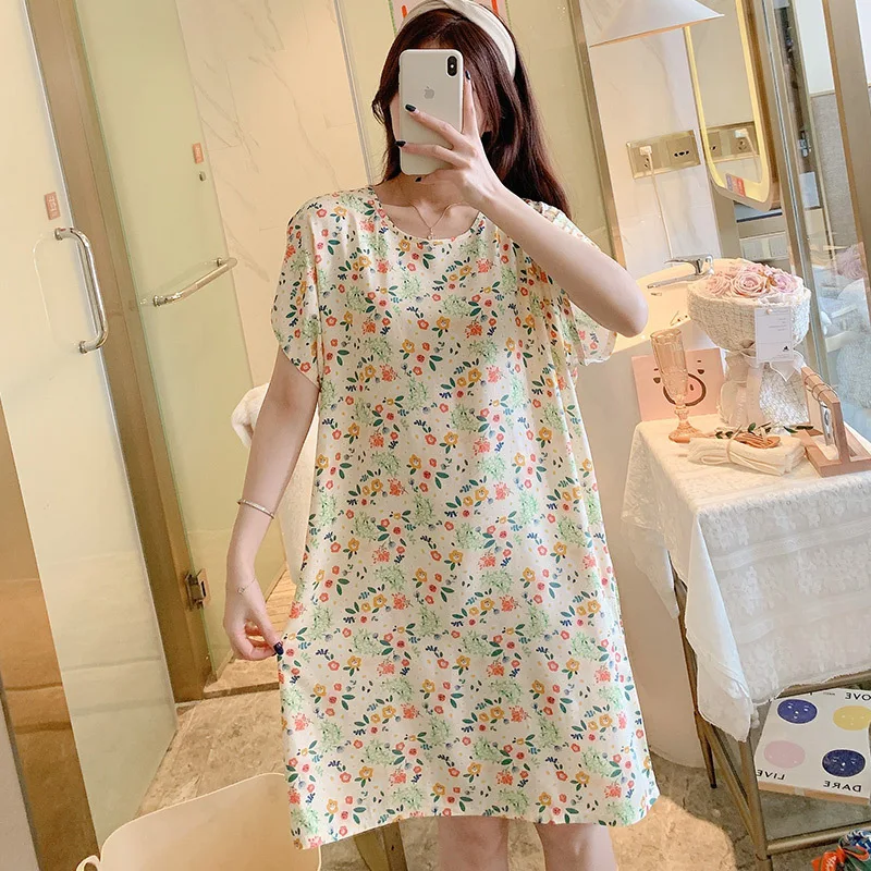 Women's Thin Cotton Nightshirt Short Sleeve Floral Print Round Neck Sleepwear Ladies Nightgown Pajamas Dress Casual Sleepdress