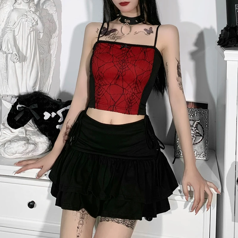 

Women Fashion Gothic Camisole Spider Sexy Lace Bottoming Vest Young Girl Halter Crop Top Straps Tight Web Tube Dark Tank tops