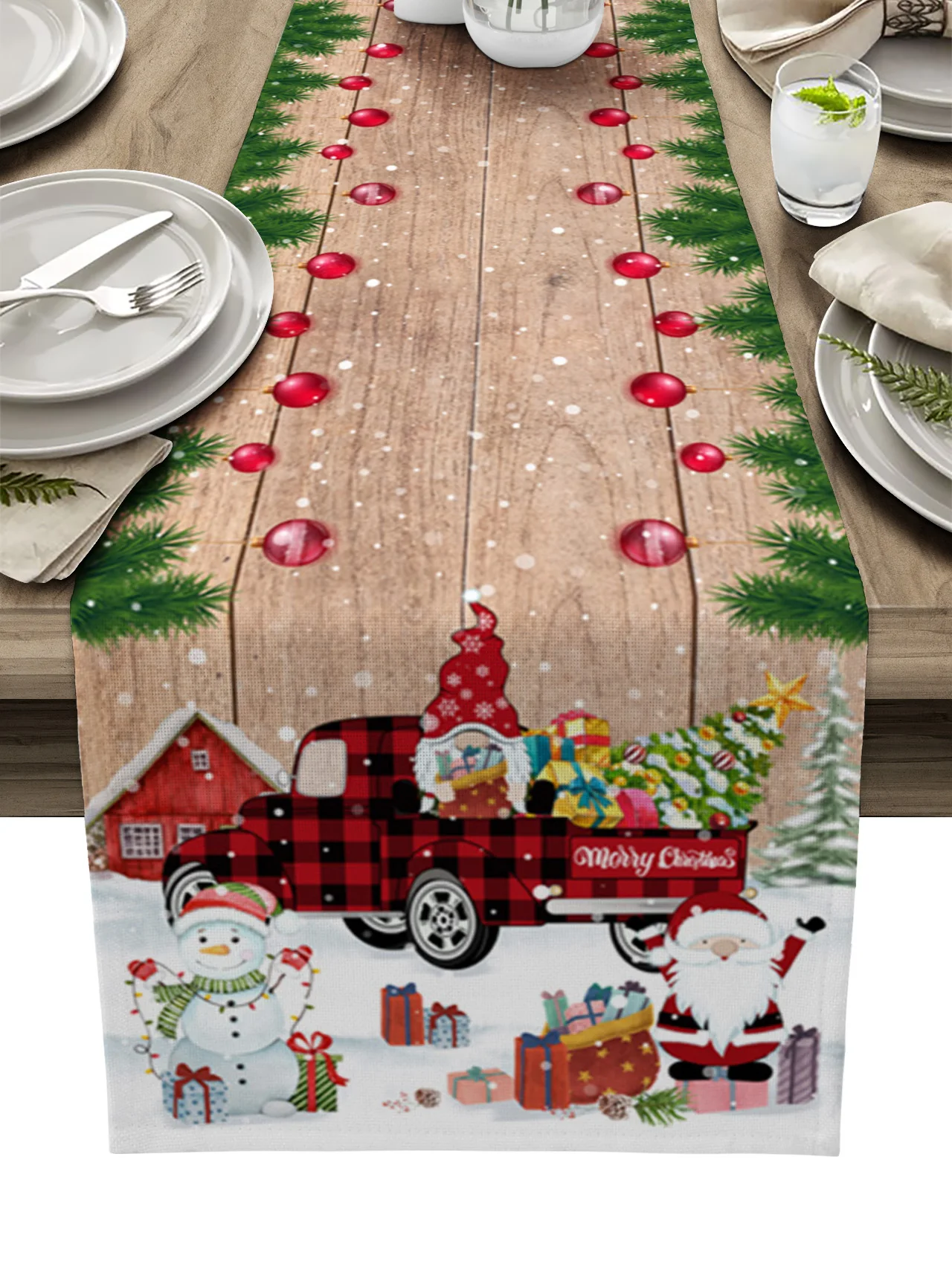 

Настольная дорожка для обеденного стола, Рождественский грузовик, снеговик, гном, обеденная настольная дорожка, искусственный декор, антип...