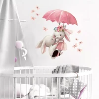 watercolor couple bunny flying with umbrella wall stickers for kids room baby nursery room decoration wall decal pink girl decor