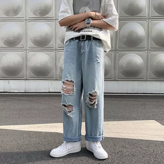 2022New Street Ripped Jeans Male Ins Tide Brand Hip-hop Wide-leg Pants Summer Thin Section Straight Loose Casual Old Pants
