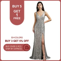 misshow sparkly sequins silver bridesmaid dresses 2022 v neck ruched slit long formal evening party gowns for wedding bm3114