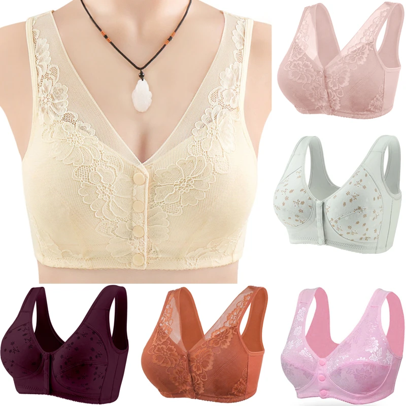 

2022 New Summer Women Front Closure Button Bra without padding Wireless Gather bras Breathable Thin Underwear Large Cup Bralette