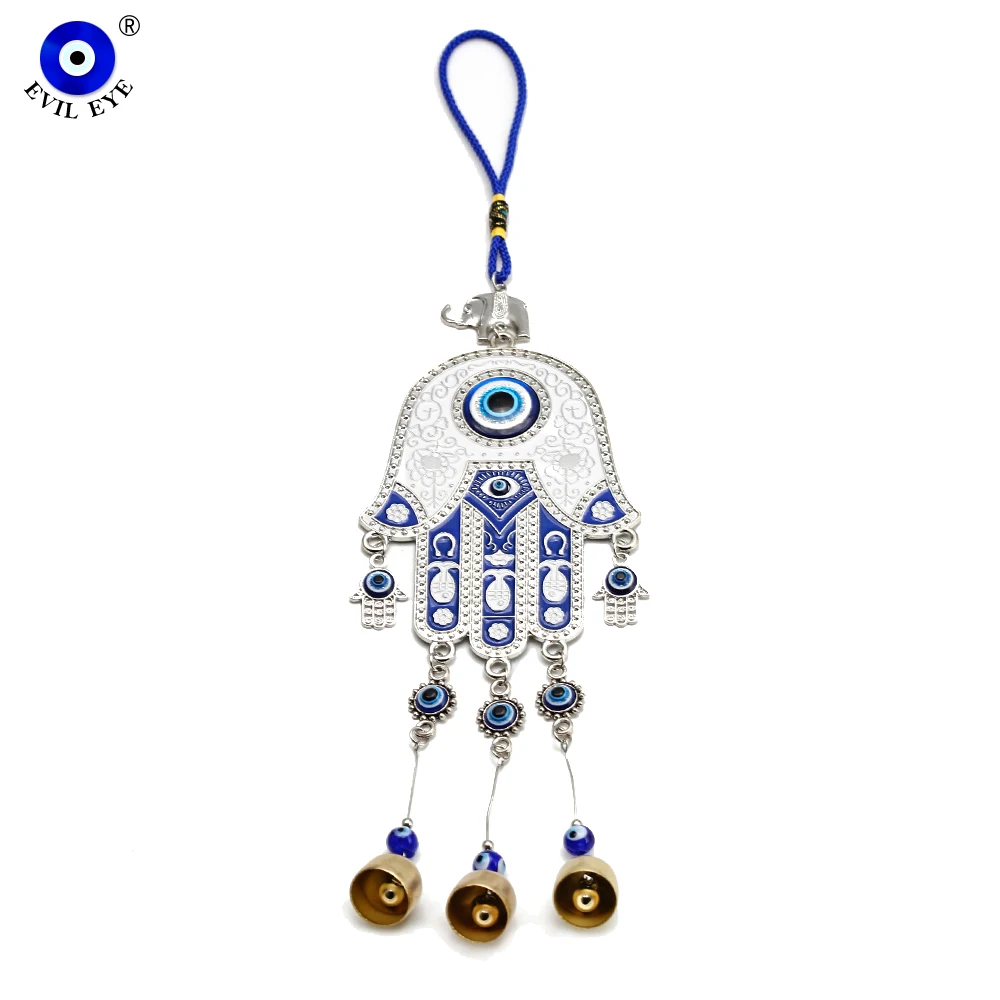 

EVIL EYE Fatima Hamsa Hand Pendant Wall Hanging Turkish Evil Eye Clear Sound Bell Tassel Keyring for Home Living Room Car BE685