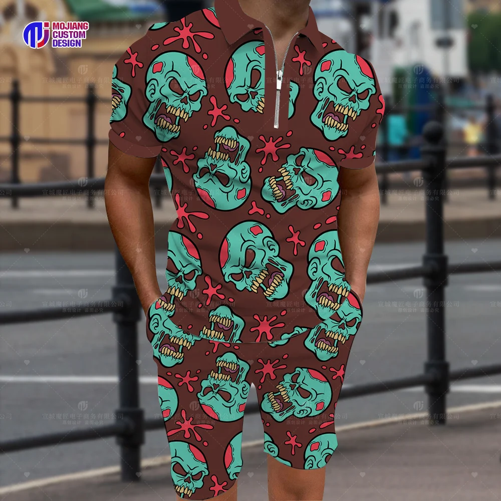 2023 Men's Short Sleeve Shirt Skull Series 3D Printing Top Casual Fashion Zipper Lapel Polo Shirt Street Hip Hop Oversized