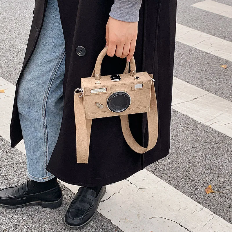 Camera Wide Shoulder Bags for Women Vintage Nubuck Leather Purses and Handbags Unusual Messenger Bag Creative Party Small Bag