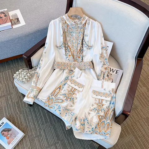 Женский комплект из 2 предметов, блузка с длинным рукавом, воротником-стойкой и шорты с высокой талией, летний цветочный Комплект в стиле ретро