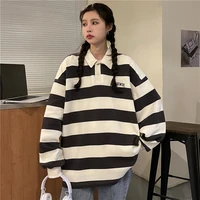 polo collar striped aesthetic sweater womens vintage long sleeves casual harajuku retro college oversized top grunge clothing