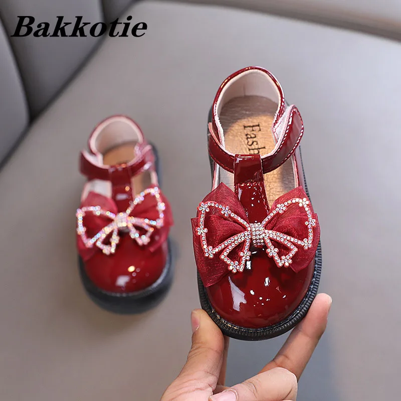 

Grils Shoes 2022 Autumn Kids Fashion Brand School Shoes Princess Party Dress Mary Janes Toddler Flats Bowtie Crystal Soft Sole