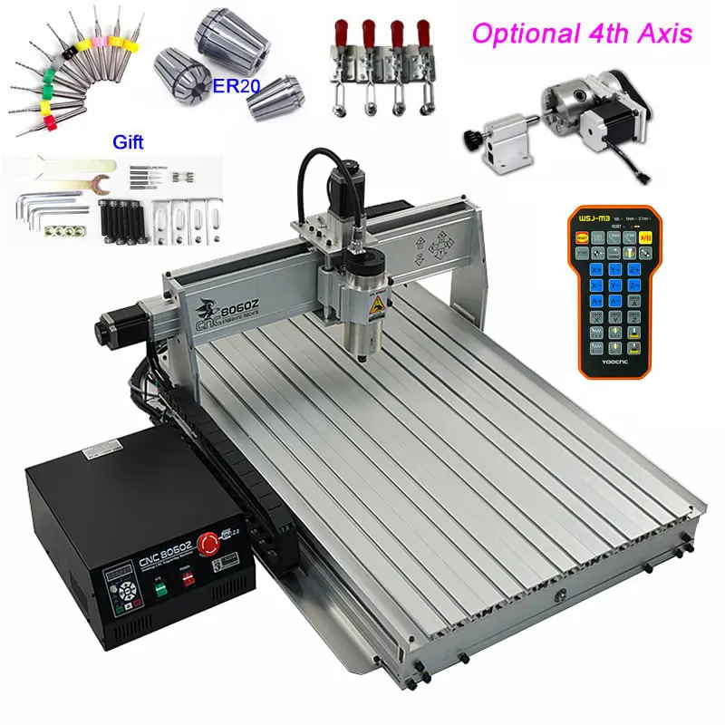 

4-осевой USB мини-фрезерный станок с ЧПУ 8060, кВт, бесщеточный Частотный двигатель шпинделя с воздушным охлаждением, 3D фрезерный станок для гра...