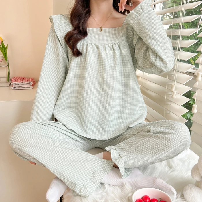 CAIYIER Korean Flower Girls Sleepwear Sweet Square Collar Ruffles Nightwear For Ladies Autumn Winter Soft Cute Pyjamas Female