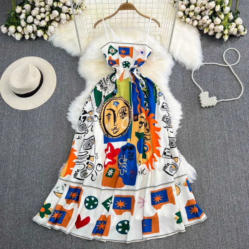 

Hikigawa Vintage Print Causal Women Dress All Match Off Shoulder Sleeveless Dresses Sexy Chic Fashion Elegant Vestido De Mujer