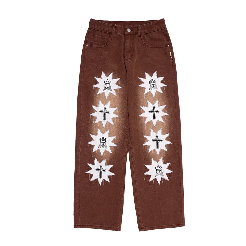 

Джинсы мужские с широкими штанинами, свободные брюки из денима в стиле хип-хоп, с надписью и вышивкой, Повседневная Уличная одежда, кофейный/...