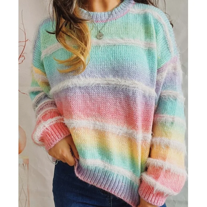 Винтажные вязаные пуловеры с длинными рукавами повседневные зеленые полосатые