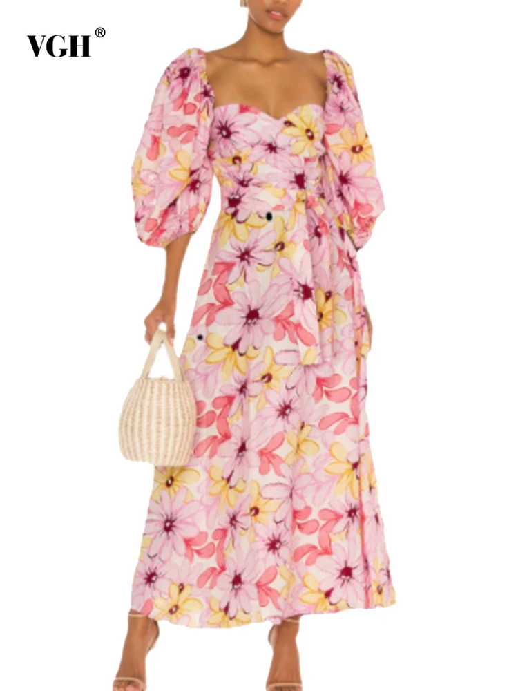 

Женское облегающее платье с принтом VGH, элегантный пуловер с V-образным вырезом, рукавами-фонариками и высокой талией, летняя модная одежда