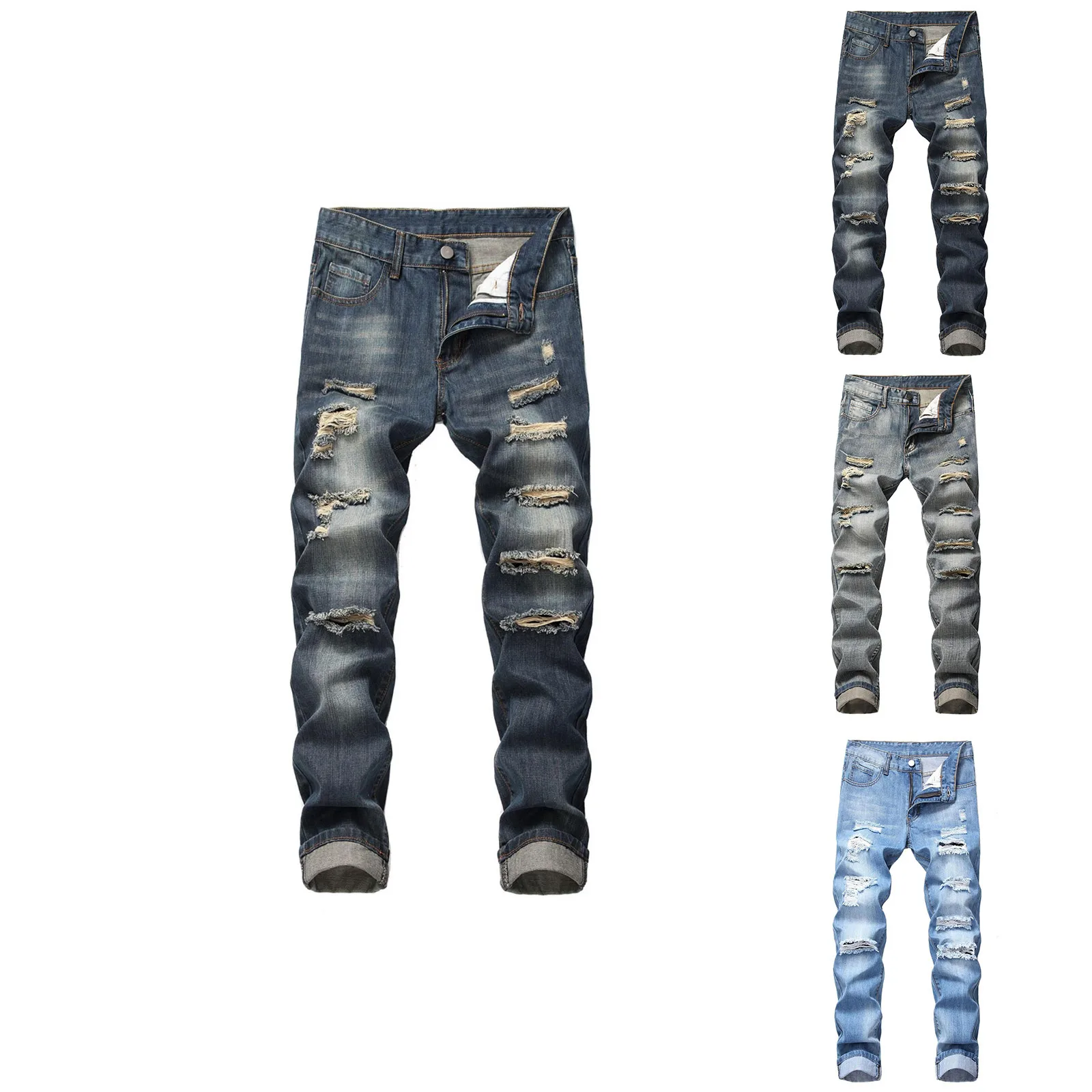 Мужские Стрейчевые облегающие джинсы рваные потертые прямые джинсовые брюки