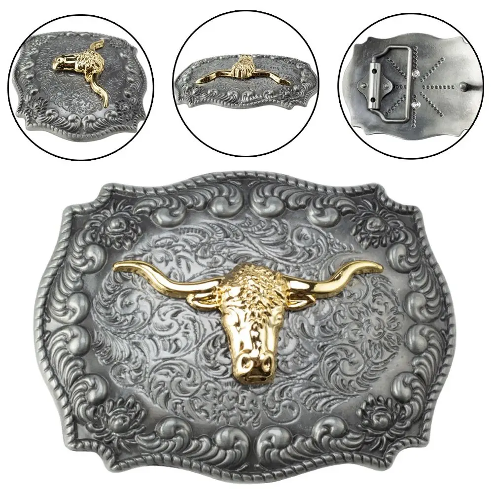 

Durable Rock Style Western Cowboy Casual Classic Waistband Head Belt Buckles Smooth Buckle Golden Bull Head End Bar
