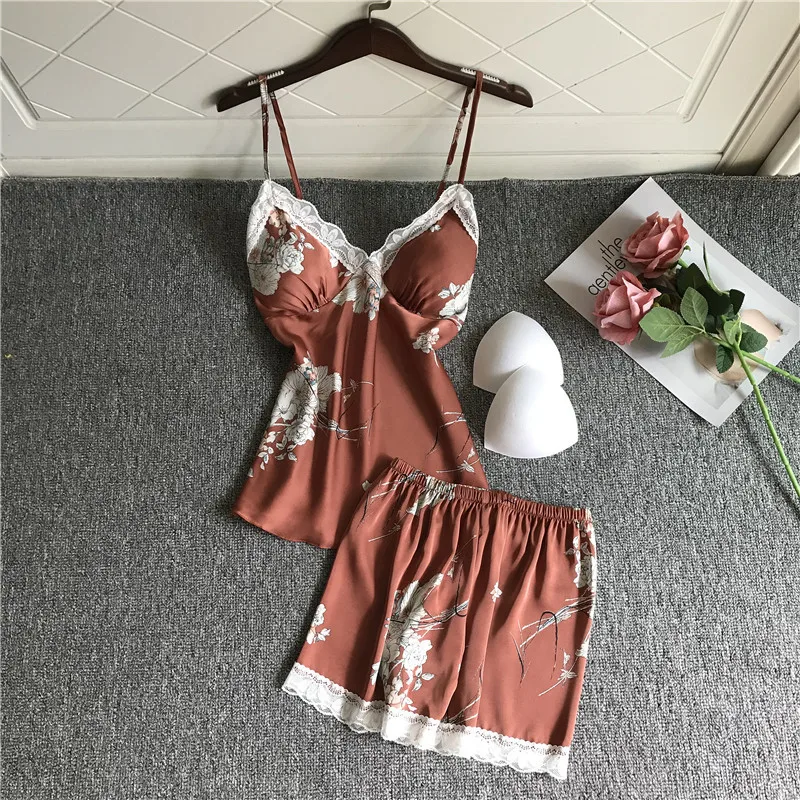Women's Sleepwear 2 Pcs Sets Tops+Shorts Floral Printed Sexy Lace Satin Sleeveless V-neck Pyjama Sets With Pads