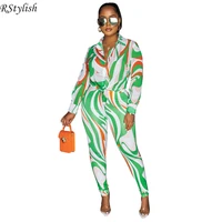 rstylish fashion print two piecee set women long sleeve shirt top pencil pants tracksuit 2022 autumn casual suits summer outfits