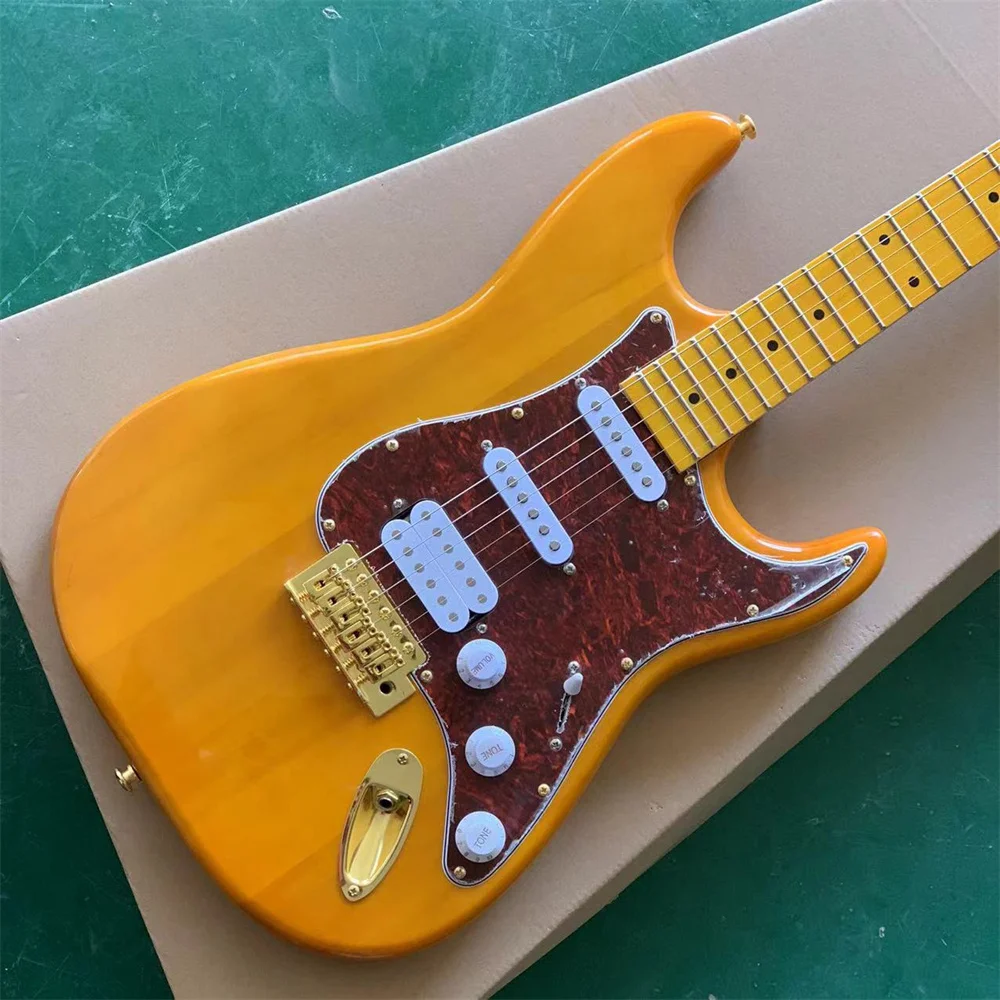 

Custom Yellow Ash Body ST Electric Guitar White Pickguard Chrome Tremolo Bridge In Stock Guitars Guitarra