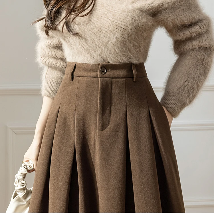 Elegant Women Woolen Skirts For Female Pockets Office Ladies Casual Loose A-Line High Waist Midi Skirt 2023 Autumn Winter SK11 Elegant Women Woolen Skirts For Female Pockets Office Ladies Casual Loose A-Line High Waist Midi Skirt 2023 Autumn Winter SK11