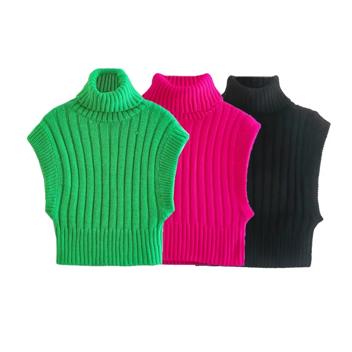 

Women 2022 New Fashion Rib Knitted Vest Sweater Vintage High Neck Sleeveless Female Waistcoat Chic Tops