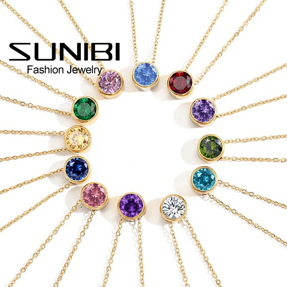 

SUNIBI Classic Stainless Steel Necklaces Women Designer Luxury Jewelry 14K Gold Bride Statement 12 Birthstone Necklace Gifts