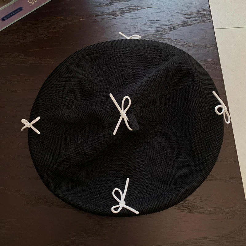 Осенне-весенние вязаные береты с милым бантом для женщин тонкие полые дышащие