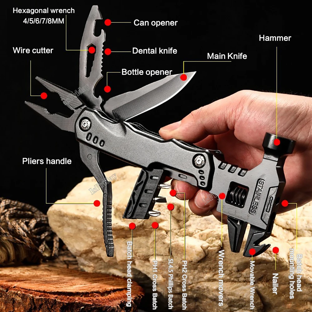 

Multi Functional Adjustable Open-end Wrench Combination Universal Folding Pliers Hammer EDC Tool for Camp Outdoor Survival Tools