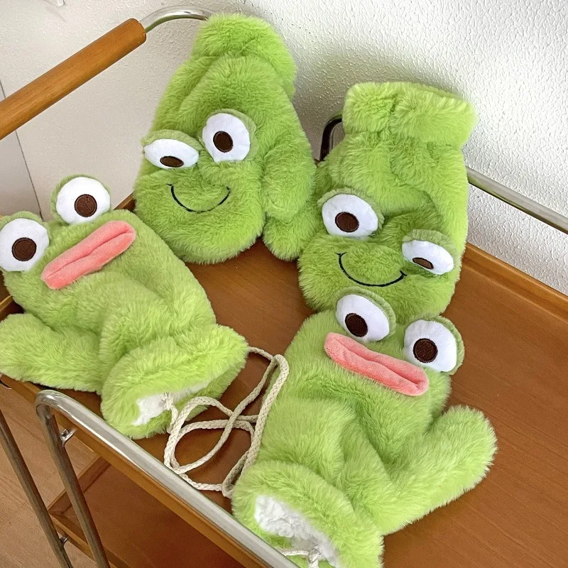 

Frog Glove Winter Cute Fluffy Students Women Girls Lovely Plush Cycling Cold-proof and Warm All-inclusive Halter Neck Fur Gloves