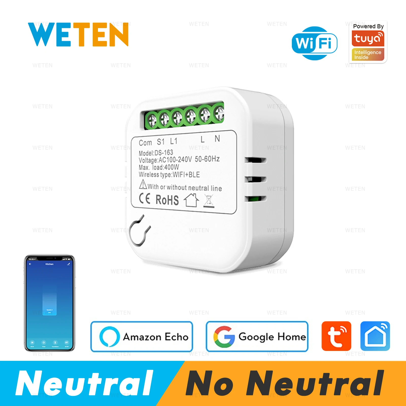 Умный модуль переключателя Wi-Fi Tuya без нейтрального провода поддержка