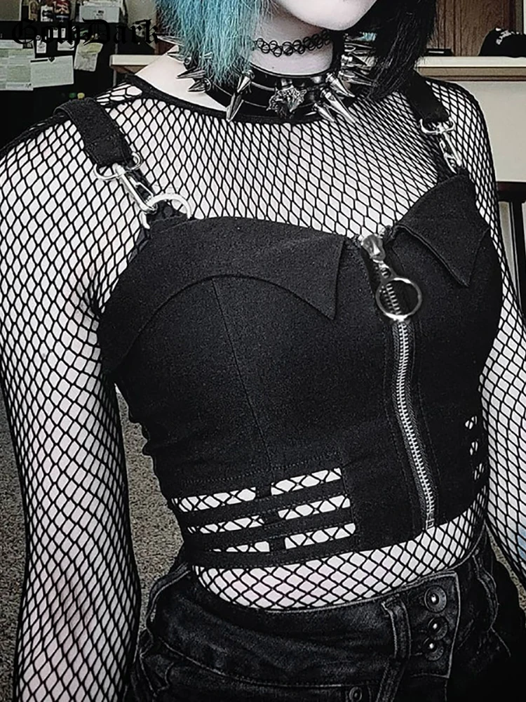 Goth Dark Mall Gothic Sexy Cut Out Zip Up Tank Tops Grunge Bodycon Punk Black Women Camis Patchwork Crop Bustier Emo Alt Clothes |