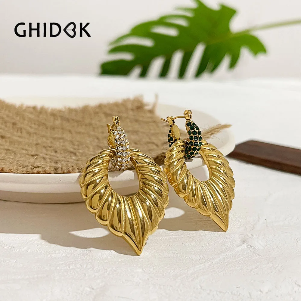 

Ghidbk Detachable Gold Plated Pave Cz Crystal Huggies Large Leaf Drop Earrings Statement Stainless Steel Anti Tarnish Jewelry