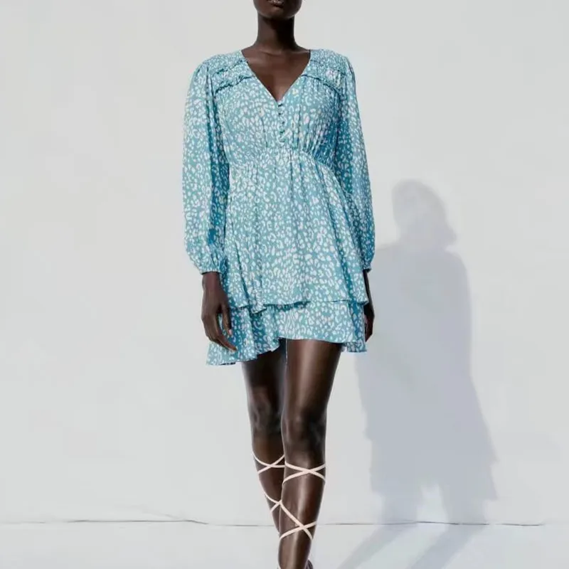 

Женское шифоновое платье с V-образным вырезом, длинным рукавом и оборками