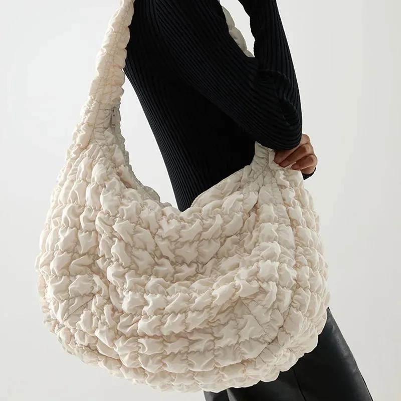 

Fashion Casual Large Capacity Tote Shoulder Bags Designer Ruched Handbag Luxury Nylon Quilted Padded Crossbody Bag Female 2023