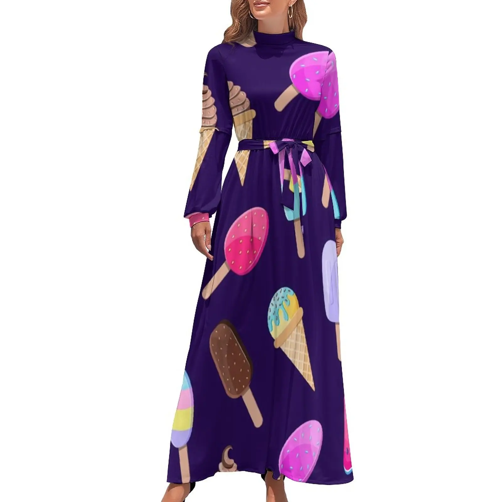 

Colorful Ice Cream Pattern Dress Cartoon Food Kawaii Maxi Dress Street Fashion Boho Beach Long Dresses High Neck Print Vestidos