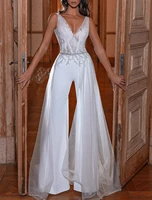 white jumpsuits sexy formal evening dress v neck beading tulle prom party gowns 2022 robe de soiree vestidos festa