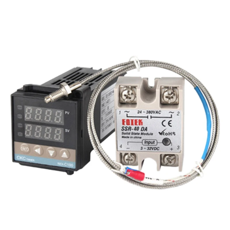 

REX-C100 PID Temperature Controller, Dual Digital Display Temperature Controller+Thermocouple + 40DA Solid State Relay