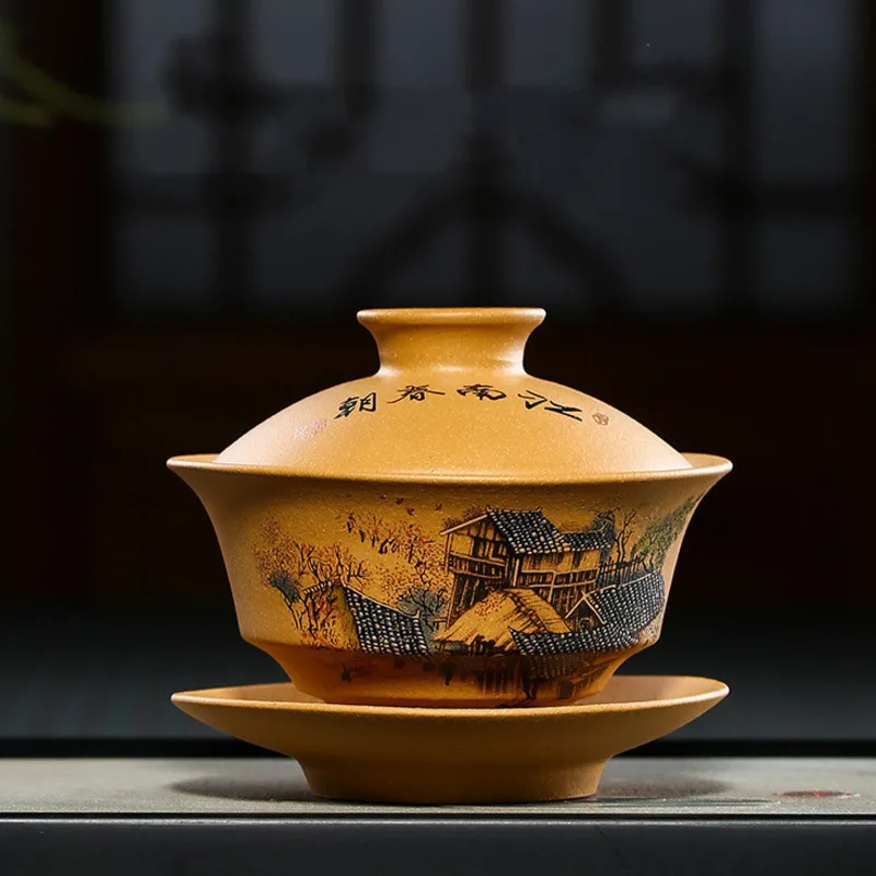 

Чайный сервиз Gaiwan Retro Zisha из фиолетовой глины, 130 мл, китайская чайная посуда Tureen с крышкой, чайная чашка, блюдце, чайная чашка, чайная посуда к...