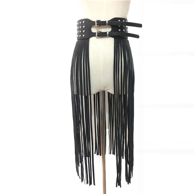 Fashion Women Faux Leather Fringe Tassel Skirt Punk Gothic Style Club Party Stage Performance Festival Rave Dance Costume