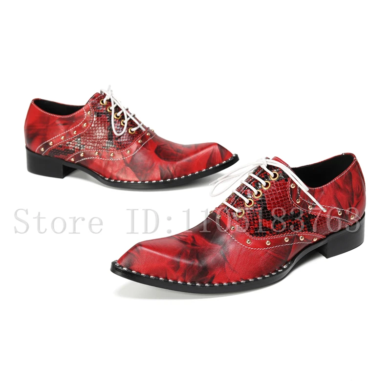 Фото Роскошные мужские туфли-оксфорды ручной работы из змеиной кожи с красным цветочным узором и заклепками, модные, с острым носком, на шнуровке, для официальных мероприятий №3