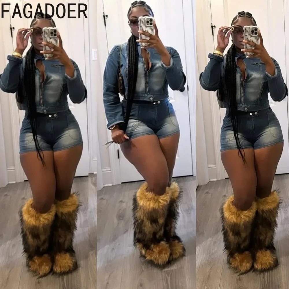 FAGADOER Ретро джинсовые комплекты из 2 предметов Женский наряд Укороченная