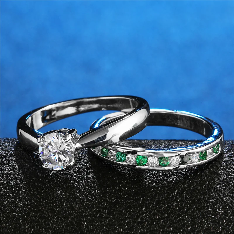 

2 PCS/Set Green Zircon Spacer White Crystal Ring Set For Women Wedding Party Engagement Rings Jewelry Hand Accessories